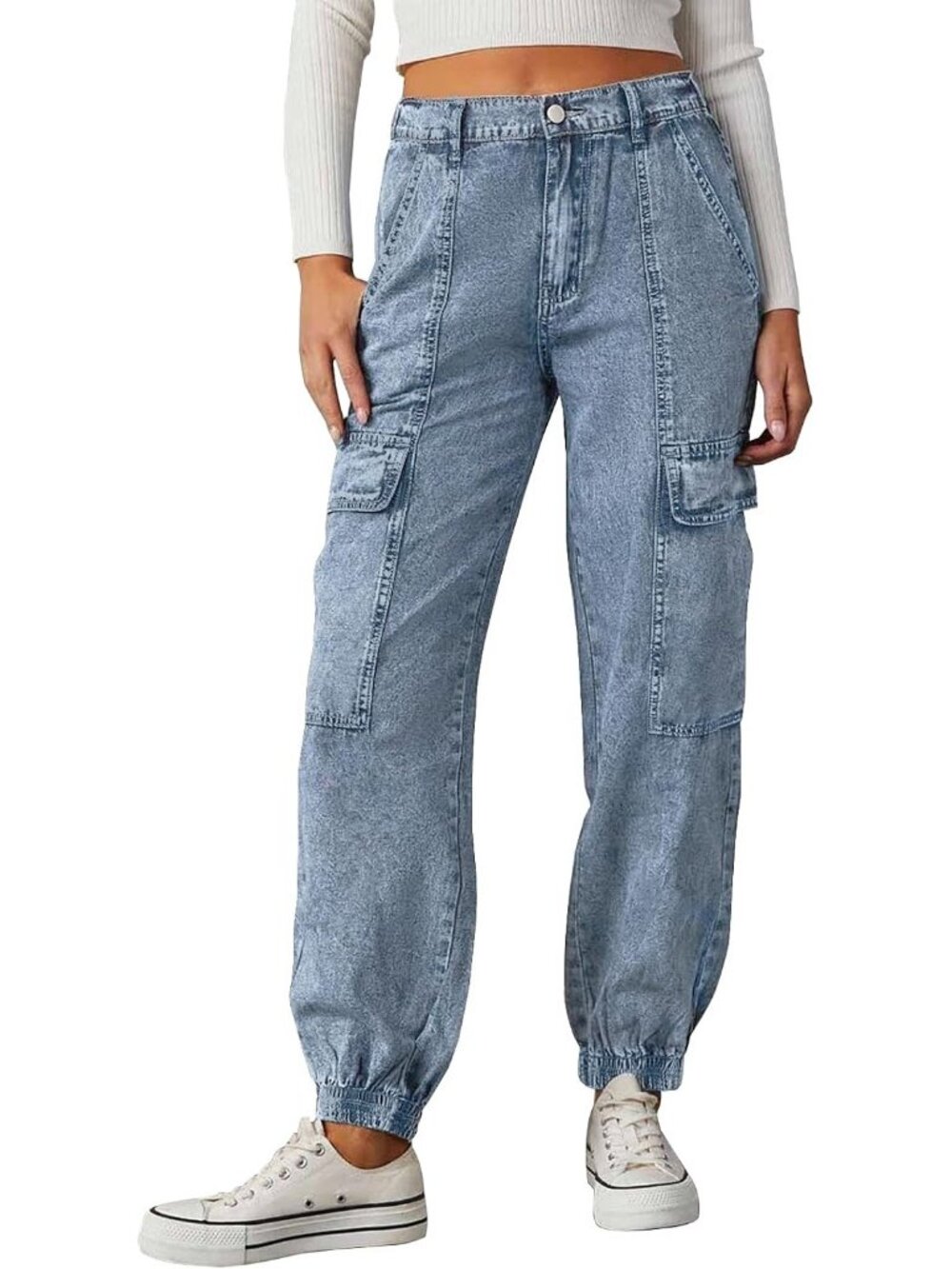 Women's Light Blue Denim Y2k Drawstring Elastic High Waisted Pull On Baggy Jeans